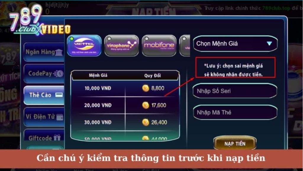 Check thông tin nạp cẩn thận khi giao dịch